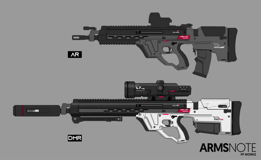 arms_note artist_name assault_rifle bipod bullpup copyright_name designated_marksman_rifle english_text from_side fukai_ryosuke grey_background gun magazine_(weapon) no_humans reference_sheet rifle scope simple_background submachine_gun suppressor weapon weapon_focus