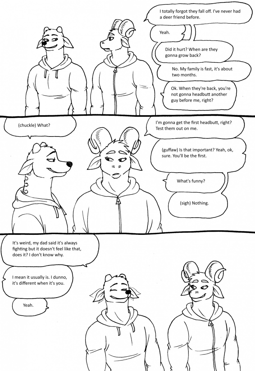 2023 5_fingers anthro bernielover bernielover's_college_au bovid caprine clothing deer dialogue digital_media_(artwork) duo ear_twitch english_text fingers fur hi_res hoodie horn male mammal monochrome question_mark smile speech_bubble spots spotted_body spotted_fur text topwear whitney_(bernielover)