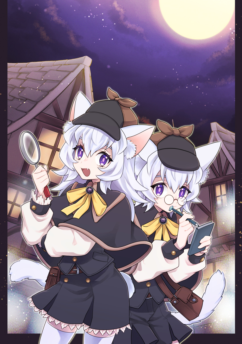 2girls absurdres animal_ears bag book building capelet cat_ears cat_girl cat_tail cowboy_shot deerstalker detective fang full_moon hat highres holding holding_book holding_magnifying_glass holding_pencil house kmy-3_(kumayu) lace-trimmed_skirt lace_trim long_hair long_sleeves magnifying_glass moon moonlight multiple_girls neck_ribbon night night_sky open_mouth original outdoors pencil pince-nez purple_eyes ribbon short_hair shoulder_bag skirt sky smile star_(sky) starry_sky tail thighhighs white_hair