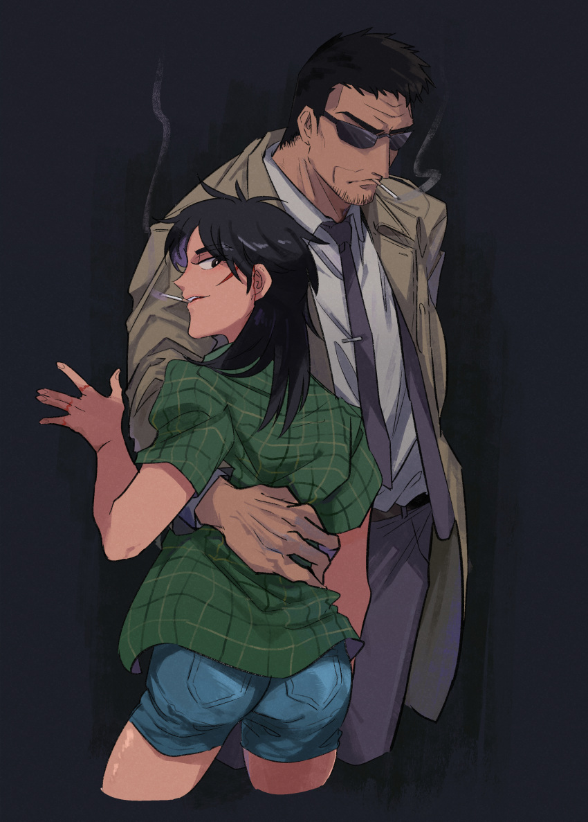 1boy 1girl absurdres ass black_eyes black_hair blue_shorts brown_coat cigarette coat collared_shirt commentary_request cowboy_shot endou_yuuji facial_hair genderswap genderswap_(mtf) goatee green_shirt grey_background grey_necktie grey_pants hand_on_another's_back highres inudori itou_kaiji kaiji long_hair long_sleeves looking_at_viewer looking_back medium_bangs necktie open_clothes open_coat open_mouth pants scar scar_on_cheek scar_on_ear scar_on_face scar_on_hand shirt short_bangs short_hair short_sleeves shorts smoking sunglasses tie_clip very_short_hair white_shirt