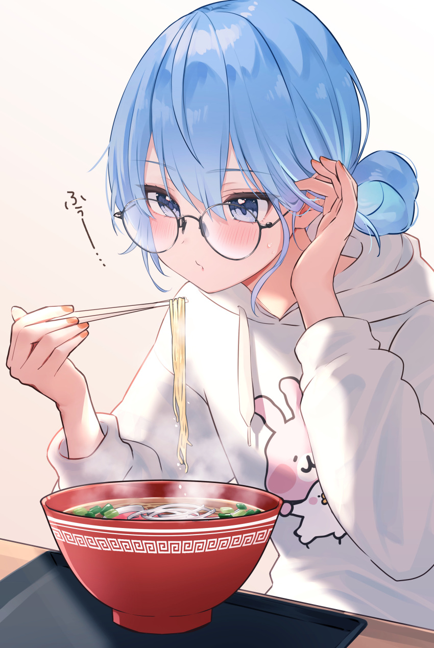 1girl absurdres blowing_on_food blue_eyes blue_hair blush bowl chopsticks fingernails folded_ponytail food glasses hair_behind_ear highres holding holding_chopsticks holding_hair hololive hood hoodie hoshimachi_suisei nail_polish nisi_ki_no noodles open_mouth orange_nails ramen solo soup steaming_food table virtual_youtuber white_hoodie