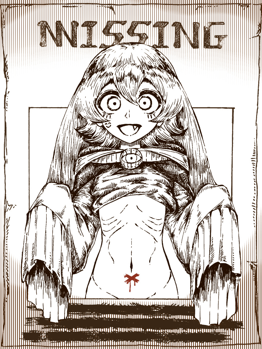 1girl :d aygoftenover cross fang greyscale groin happy highres kfufu_(shy) long_hair long_sleeves looking_at_viewer missing_poster monochrome navel open_mouth shy_(series) skinny sleeves_past_fingers sleeves_past_wrists smile solo spot_color