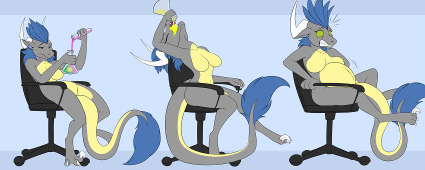 accident anthro blue_body blue_fur breasts chair chemicals colored dragon drinking experiment_(disambiguation) female fur furniture grey_body hi_res horn medium_breasts potion pregnant pregnant_female rapid_pregnancy sitting solo surprise surprised_expression tail tomek1000