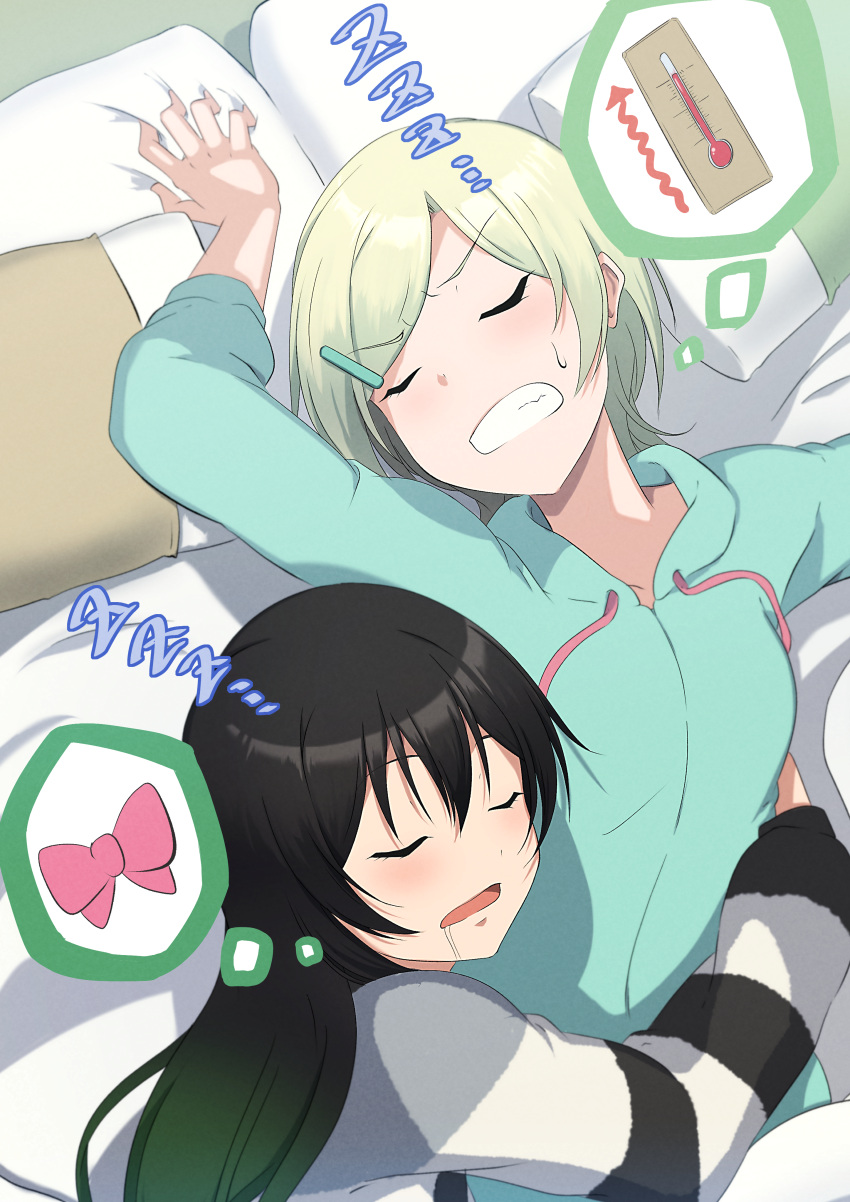 2girls absurdres black_hair blonde_hair closed_eyes digital_thermometer futon gradient_hair green_pajamas hair_ornament hairclip highres hug love_live! love_live!_nijigasaki_high_school_idol_club medium_hair mia_taylor multicolored_hair multiple_girls open_mouth pajamas pillow pink_ribbon ribbon saliva saliva_trail short_hair sleeping sleeping_on_person speech_bubble sweat takasaki_yuu teeth thermometer thinking upper_teeth_only zasshoku_ojisan zzz