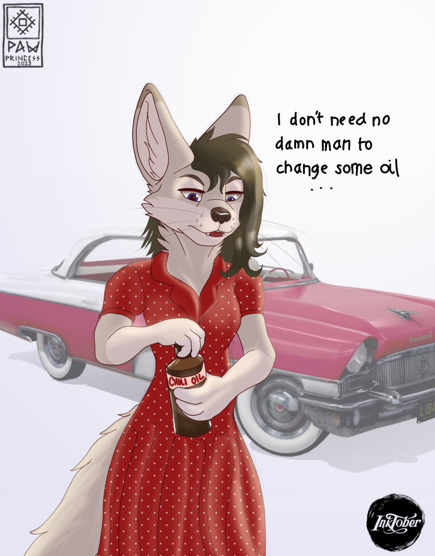 absurd_res canid canine car clothed clothing dress fennec fox hi_res inktober inktober2023 inktoberchallenge mammal pawprincess polka_dots retro sandy_fur vehicle vintage