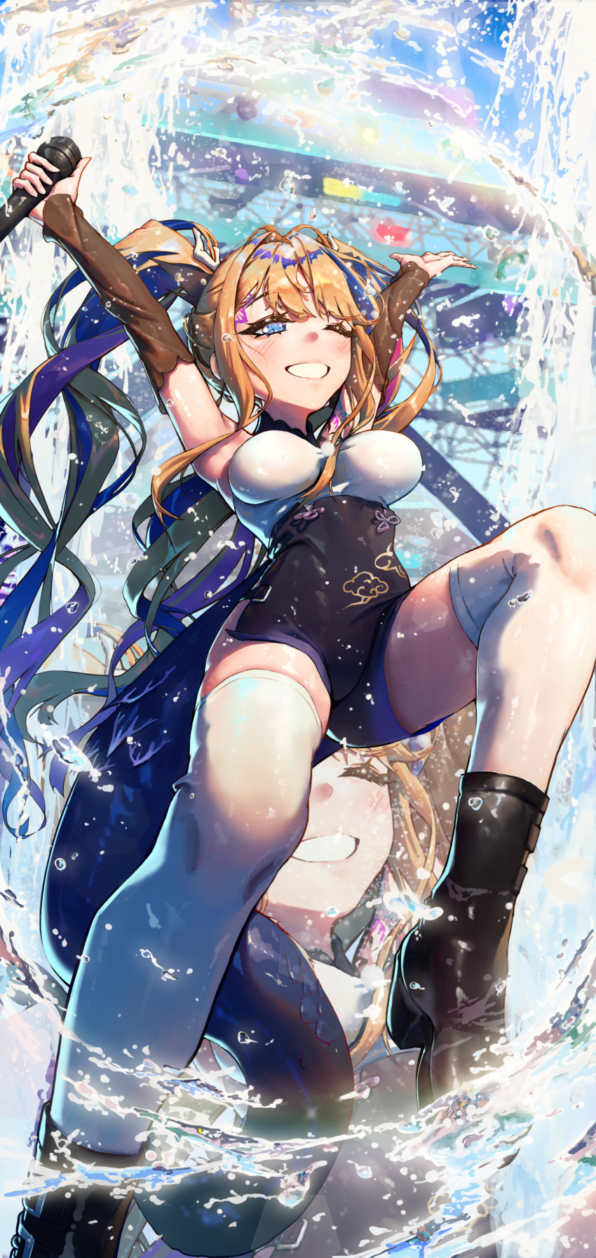 1girl absurdres airi_kanna blue_eyes blue_hair brown_hair day detached_sleeves grin highres holding holding_microphone idol jhigf microphone multicolored_hair one_eye_closed outdoors outstretched_arms sleeveless smile solo stellive tail teeth thighhighs twintails virtual_youtuber water white_thighhighs