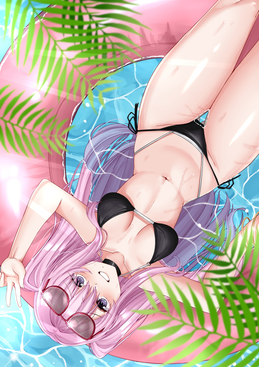 1girl absurdres bikini black_bikini black_choker black_eyes blush breasts choker eyewear_on_head goddess_of_victory:_nikke hair_between_eyes hair_ribbon highres innertube long_hair looking_at_viewer pink_hair pink_ribbon ribbon rynn_(darknescorez) small_breasts smile solo sunglasses swimsuit wet yuni_(nikke)