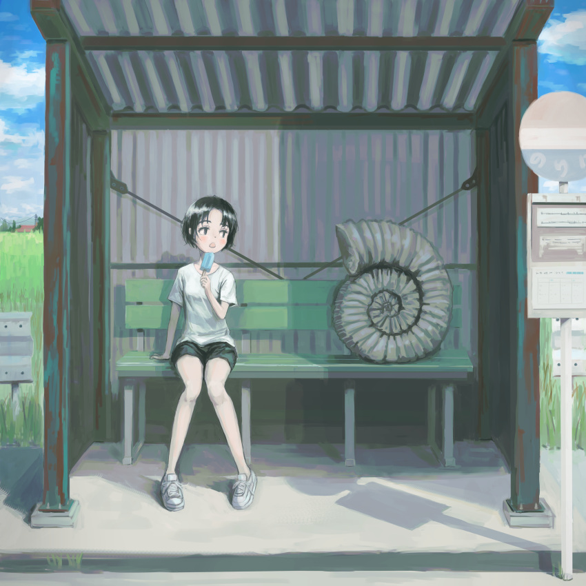 1girl absurdres bench black_eyes black_hair black_shorts blue_sky bus_stop bus_stop_sign cloud day food fossil highres holding holding_food holding_popsicle okura_lino original outdoors popsicle scenery shirt short_hair shorts sitting sky solo white_shirt