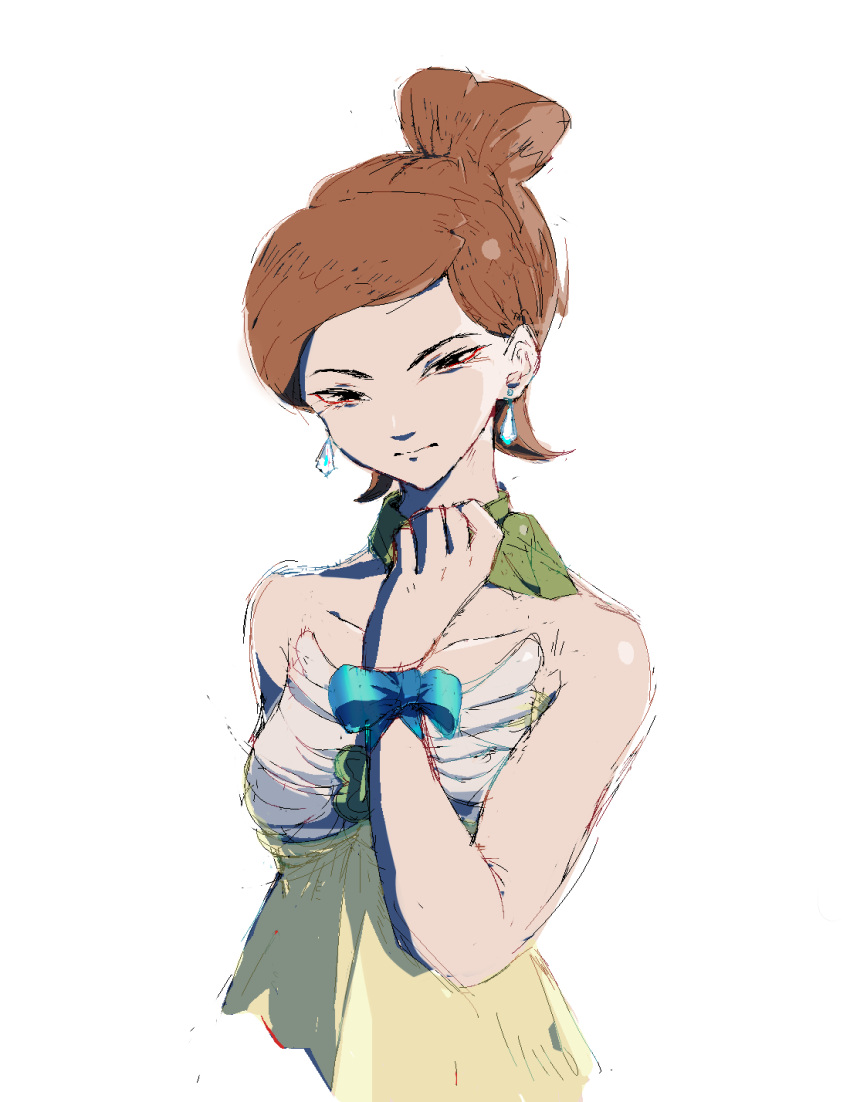 1girl ace_attorney alita_tiala apollo_justice:_ace_attorney bare_shoulders black_eyes blue_bow bow brown_hair closed_mouth commentary dress earrings english_commentary green_scarf hair_bun hand_up highres jewelry looking_at_viewer ribitta scarf short_hair simple_background single_hair_bun solo strapless strapless_dress upper_body white_background yellow_dress