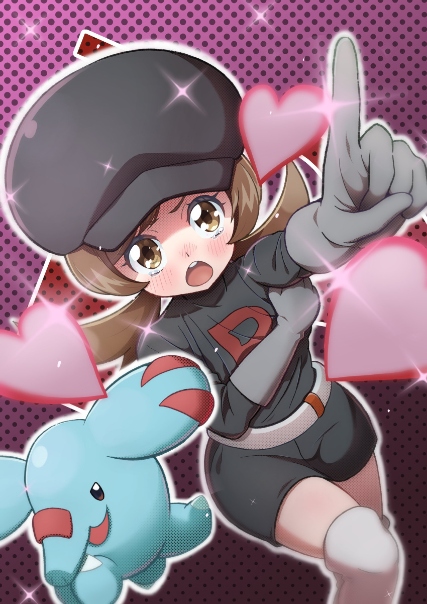 1girl absurdres belt black_headwear blush boots brown_eyes brown_hair dosya_252 feet_out_of_frame gloves grey_gloves heart highres looking_at_viewer lyra_(pokemon) open_mouth outline phanpy pokemon pokemon_(creature) pokemon_(game) pokemon_hgss polka_dot polka_dot_background sparkle team_rocket team_rocket_uniform tears white_outline