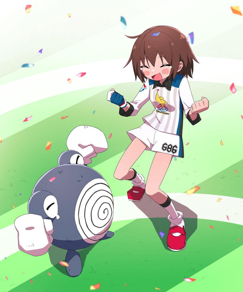 1girl blush brown_hair clenched_hands closed_eyes confetti crossover gloves gym_challenge_uniform highres kill_me_baby open_mouth oribe_yasuna pokemon pokemon_(creature) pokemon_(game) pokemon_swsh poliwhirl red_footwear shoes short_hair shorts single_glove socks standing tears white_shorts yachima_tana