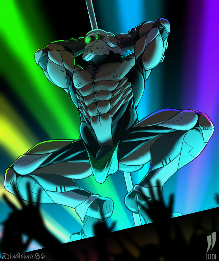 abs anthro appleseed briareos clothing crowd cybernetics cyborg group hands_behind_head hi_res invalid_tag iudicium86 machine male muscular nightclub pole robot solo stretched_clothing stripper stripper_pole thong underwear