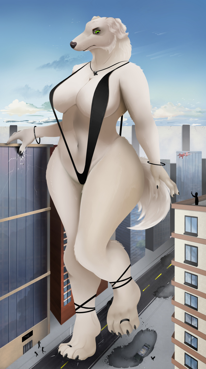 2021 4_toes 5_fingers absurd_res anthro artist_name big_butt black_clothing black_eyebrows black_nails black_nose borzoi building butt canid canine canis car city city_background cityscape clothed clothing cloud colored colored_nails crush day destruction detailed_background digit_ring digital_drawing_(artwork) digital_media_(artwork) domestic_dog english_text extreme_size_difference eyebrows feet female fingers fluffy_ears foot_crush footprint full-length_portrait fur green_eyes hi_res human hunting_dog jewelry larger_anthro larger_female macro mammal micro mostly_nude nails navel necklace plantigrade police_car portrait reflection ring road shaded sighthound signature size_difference size_play sky skyscraper smaller_human solo street tail taylornoir text toe_ring toes valeska_nox_(taylornoir) vehicle walking white_body white_fur wristband