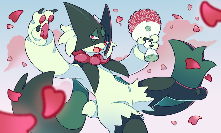 absurdres animal_nose body_fur bouquet claws commentary english_commentary flower furry green_fur highres holding holding_bouquet looking_at_viewer magicact meowscarada open_mouth pawpads petals pink_flower pokemon pokemon_(creature) red_eyes solo tail