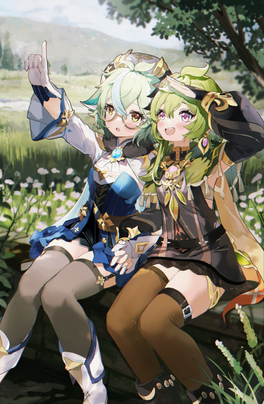 1girl 2girls ahoge animal_ears arms_up asymmetrical_legwear baggy_clothes belt black_shirt blue_dress blue_hair blush boots breasts bridal_gauntlets brown-framed_eyewear brown_thighhighs cape capelet collei_(genshin_impact) coria dress earrings garter_straps genshin_impact glasses gloves gold_trim green_capelet green_hair hair_between_eyes hair_ornament hat highres jewelry knee_boots long_sleeves medium_hair multicolored_hair multiple_girls open_mouth orange_eyes outdoors pink_gemstone pointing pointing_up purple_eyes semi-rimless_eyewear shirt single_earring sitting small_breasts smile streaked_hair sucrose_(genshin_impact) thigh_belt thigh_strap thighhighs tree under-rim_eyewear vision_(genshin_impact) white_cape white_footwear white_gloves