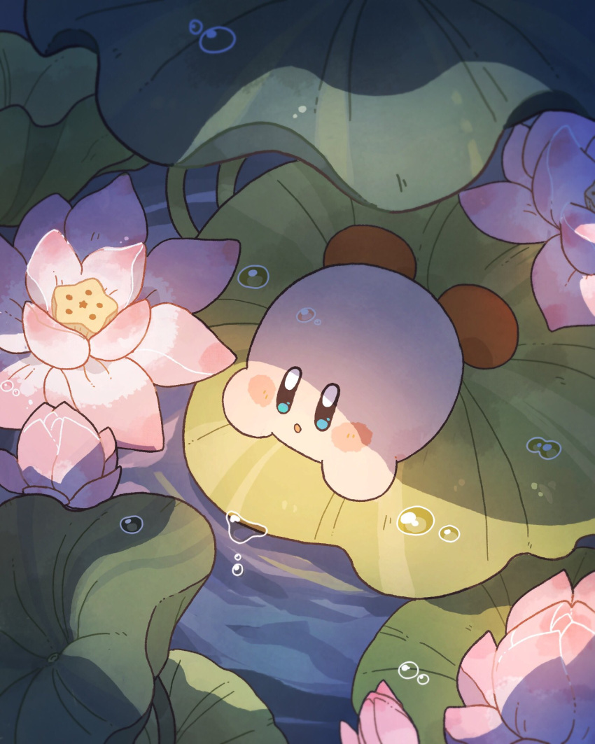 :o blue_eyes blush blush_stickers commentary_request flower harukui highres kirby kirby_(series) leaf lotus lotus_leaf lotus_pod lying no_humans on_stomach open_mouth outdoors pink_flower plant solo star_(symbol) water water_drop