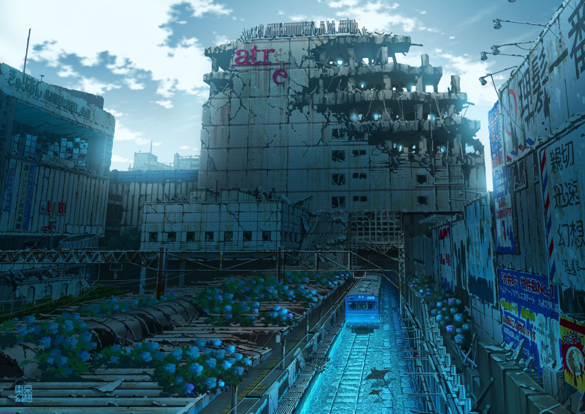 abandoned blue_flower blue_sky broken_window building cloud cloudy_sky commentary_request day dilapidated flower highres original outdoors overgrown post-apocalypse railing railroad_tracks ruins rust scenery sign sky tokyogenso train translation_request