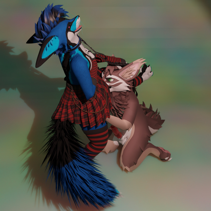 anthro arm_warmers armwear bottomwear butt canid canine clothing collar duo endoras fellatio freakhound fur hi_res jasper_ferret knot leash leg_warmers legwear male male/male mammal oral penile petting rexouium sex skirt