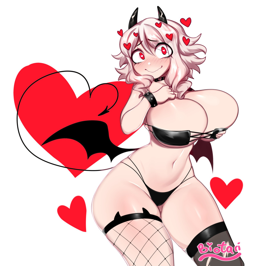 1girl biotari black_horns black_panties blush breasts demon demon_girl demon_horns demon_tail demon_wings fishnet_thighhighs fishnets heart heart-shaped_pupils helltaker highres horns modeus_(helltaker) navel panties red_eyes symbol-shaped_pupils tail thighhighs underwear white_background white_hair wings