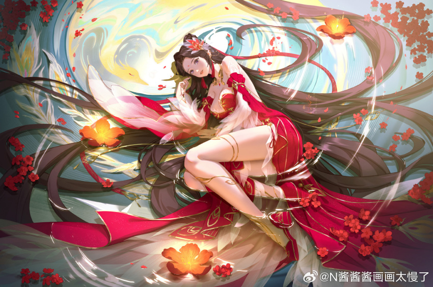 1girl absurdly_long_hair backless_dress backless_outfit bare_shoulders bird breasts brown_hair detached_sleeves dress facial_mark flower forehead_mark hair_ornament highres huo_linger_(wanmei_shijie) large_breasts long_hair lotus lying naglus on_side parted_lips phoenix red_dress red_footwear ripples solo teeth thighlet very_long_hair wanmei_shijie water