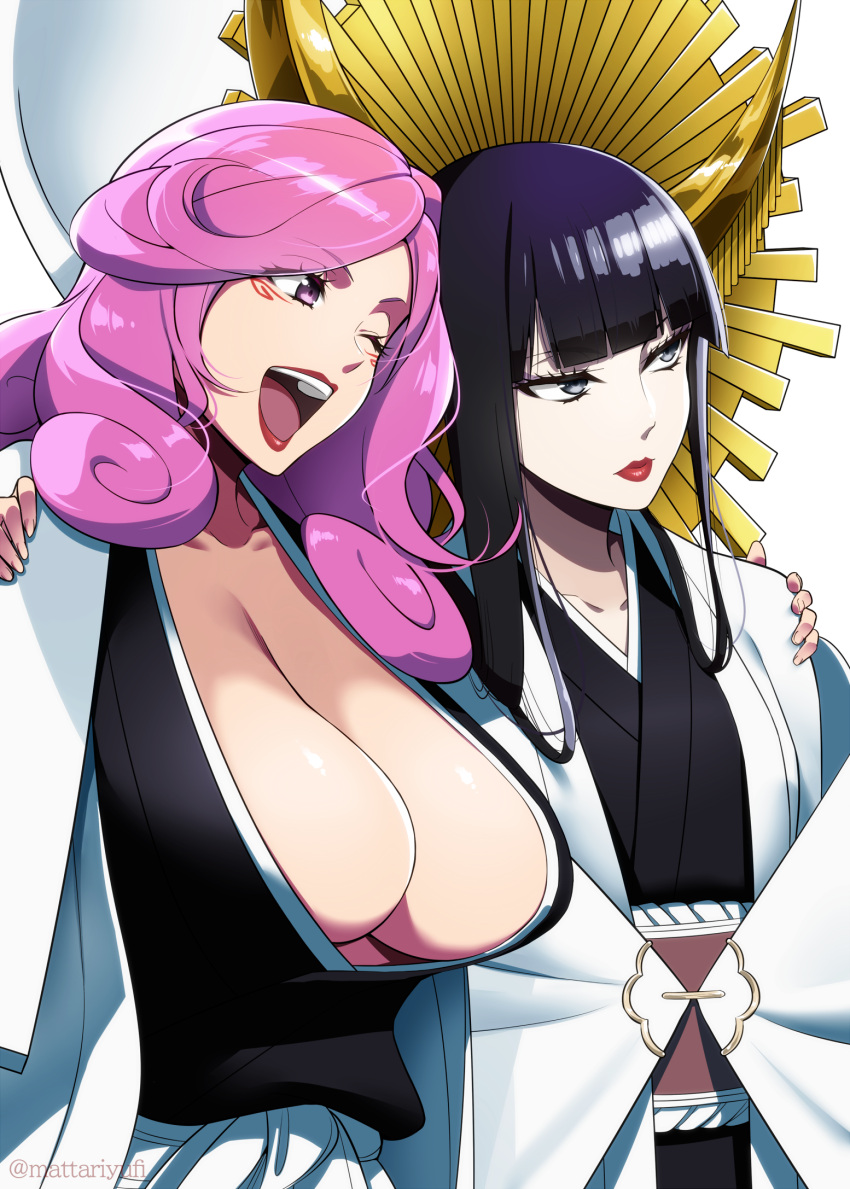 2girls black_eyes black_hair black_kimono bleach blunt_bangs commentary_request hair_ornament hand_on_another's_shoulder highres hikifune_kirio japanese_clothes kimono long_hair looking_ahead mattari_yufi multiple_girls obi one_eye_closed open_clothes open_kimono open_mouth pink_eyes pink_hair sash shutara_senjumaru simple_background twitter_username upper_body white_background white_haori