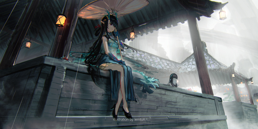 absurdres aqua_dress architecture arknights bare_legs bitey_(arknights) black_footwear black_hair blue_slingshot_swimsuit breasts building colored_skin commentary_request dragon_girl dragon_horns dress dusk_(arknights) dusk_(everything_is_a_miracle)_(arknights) east_asian_architecture fog from_below full_body grey_sky hair_over_one_eye high_heels highres holding holding_umbrella horns lantern lemtun long_hair looking_afar medium_breasts oil-paper_umbrella outdoors pointy_ears red_eyes side_slit sky umbrella