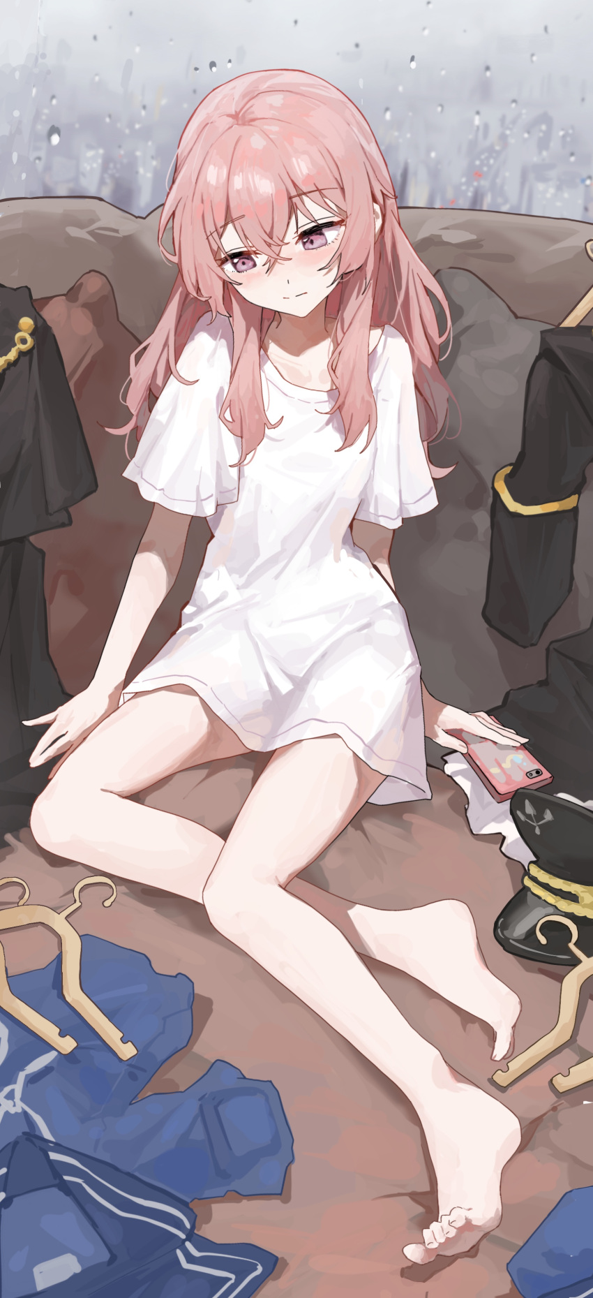 1girl absurdres averting_eyes bare_legs barefoot blush commentary_request feet hat highres holding holding_phone inui_sajuna legs looking_down oversized_clothes oversized_shirt peaked_cap petite phone pink_eyes pink_hair sentter shirt sidelocks solo sono_bisque_doll_wa_koi_wo_suru toenails toes white_shirt