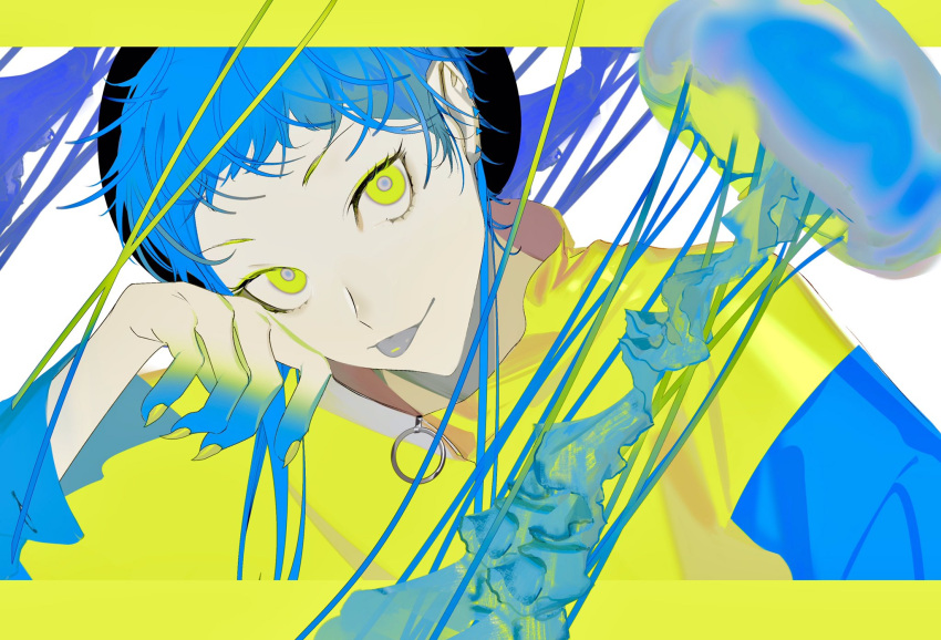 1boy :p blue_eyes border ear_piercing earrings grey_tongue hand_on_own_cheek hand_on_own_face highres jacket jellyfish jewelry ka9_qq long_sleeves looking_at_viewer nail_polish original piercing short_bangs short_hair sidelocks simple_background sleeves_past_wrists smile solo tongue tongue_out upper_body white_background yellow_border yellow_eyes yellow_jacket yellow_nails zipper zipper_pull_tab