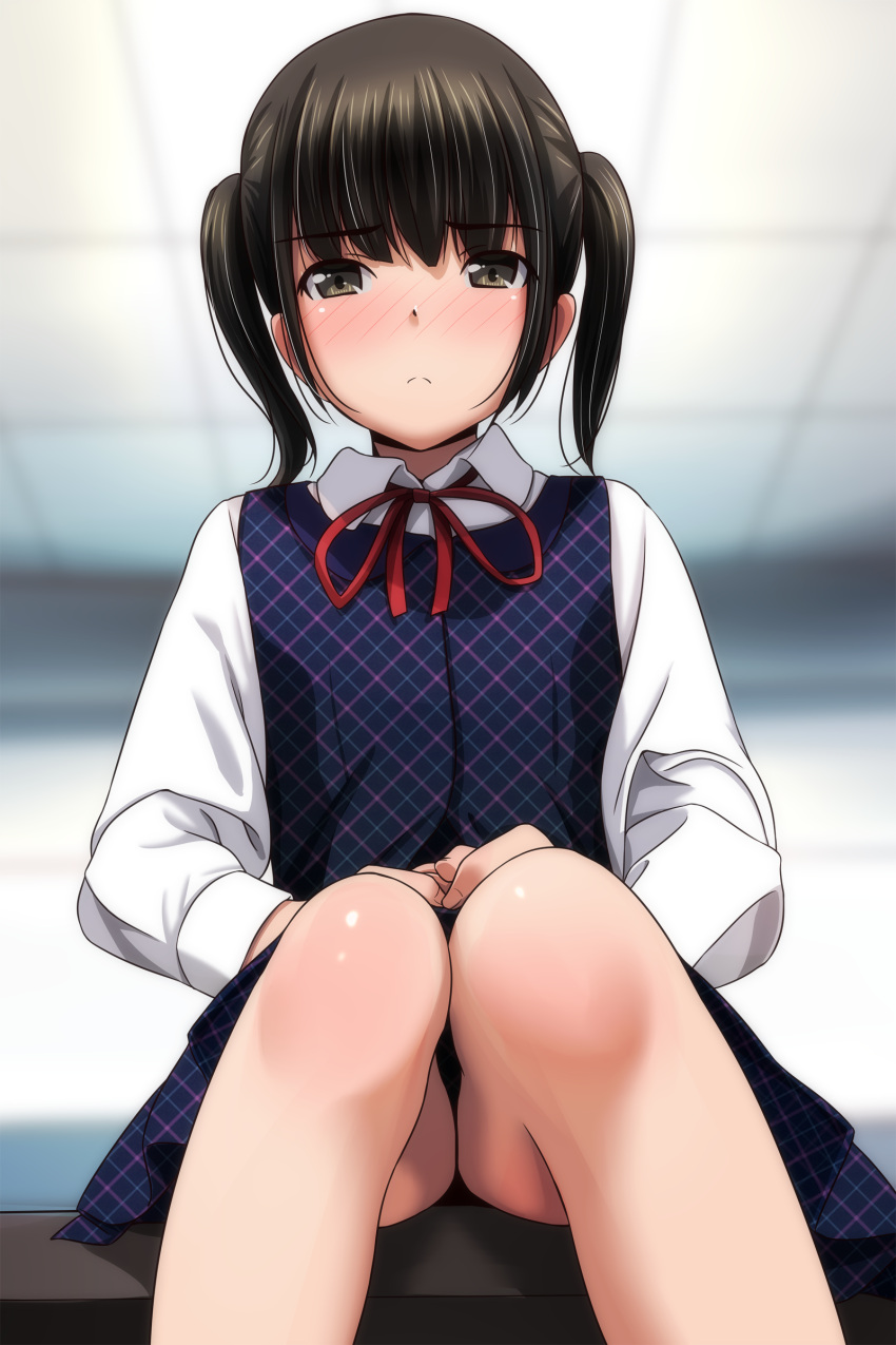 1girl absurdres black_dress black_hair blurry blurry_background blush brown_eyes closed_mouth collared_dress collared_shirt depth_of_field dress feet_out_of_frame highres indoors knees_together_feet_apart long_sleeves looking_at_viewer matsunaga_kouyou neck_ribbon nose_blush original red_ribbon ribbon school_uniform shirt sitting sleeveless sleeveless_dress solo twintails white_shirt