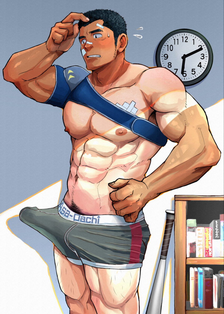 1boy abs armpit_hair bandaid bandaid_on_chest bandaid_on_face bandaid_on_forehead bara baseball_bat black_hair blush book bookshelf bulge clock covered_penis dark-skinned_male dark_skin erection erection_under_clothes gauze_on_cheek grey_male_underwear hand_on_own_hip highres large_pectorals male_focus male_underwear muscular muscular_male navel navel_hair nipples original pectorals scratching_head short_hair shoulder_brace sideburns solo suamaru sweatdrop tan tanlines thick_eyebrows topless_male underwear wall_clock