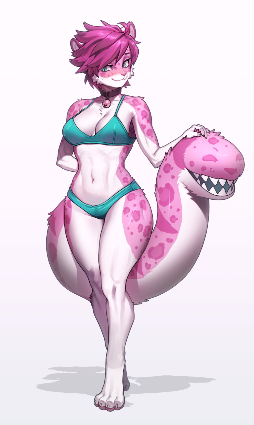 absurd_res anthro bell bell_collar bikini blue_eyes blush clothing collar felid feline female fur hair hi_res mammal multicolored_body multicolored_fur pgm300 pink_body pink_fur pink_hair simple_background solo spots spotted_body spotted_fur swimwear tail two_tone_body two_tone_fur unusual_anatomy unusual_tail white_body white_fur