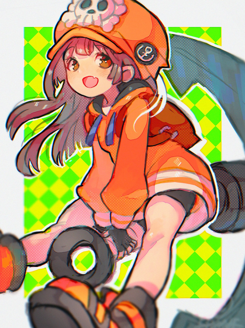 1girl anchor bike_shorts black_gloves brown_eyes brown_hair cabbie_hat fang fingerless_gloves gloves guilty_gear guilty_gear_strive hat hat_ornament highres holding holding_anchor hood hoodie long_hair looking_at_viewer may_(guilty_gear) open_mouth orange_footwear orange_headwear orange_hoodie skull_and_crossbones skull_hat_ornament smile yohane_shimizu