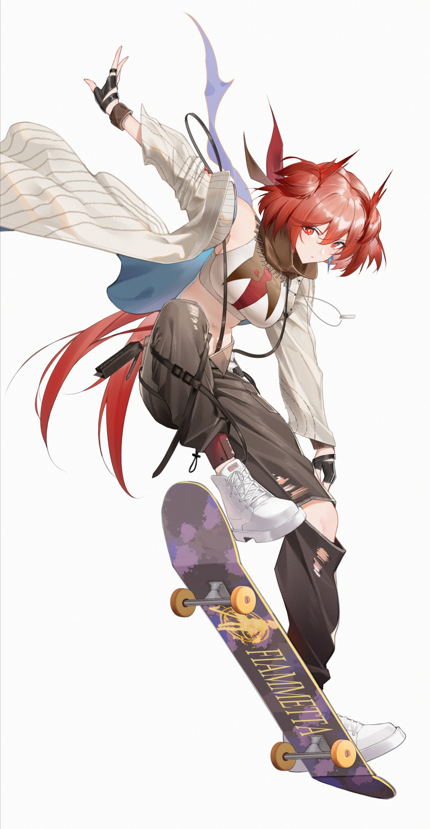 1girl absurdres ambience_synesthesia arknights bare_shoulders black_gloves black_pants breasts character_name closed_mouth crop_top feather_hair fiammetta_(arknights) fingerless_gloves gloves highres jacket jewelry large_breasts live_(mfwa7572) long_sleeves looking_at_viewer midair midriff official_alternate_costume open_clothes open_jacket pants red_eyes red_hair ring shoes short_hair simple_background skateboard sneakers solo thighhighs torn_clothes torn_pants white_background white_footwear white_jacket
