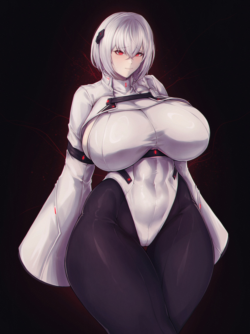 1girl armband armored_core armored_core_6 arms_at_sides ayre_(armored_core_6) black_background black_pantyhose blush bob_cut breasts bright_pupils cameltoe cowboy_shot energy glowing glowing_eyes grey_hair hair_between_eyes hair_ornament highres huge_breasts leotard light_smile long_sleeves nose_blush pantyhose red_eyes shiny_clothes short_hair sideboob solo taut_leotard thick_thighs thigh_gap thighs toned tsurime white_leotard white_pupils wide_hips wide_sleeves zer0.zer0