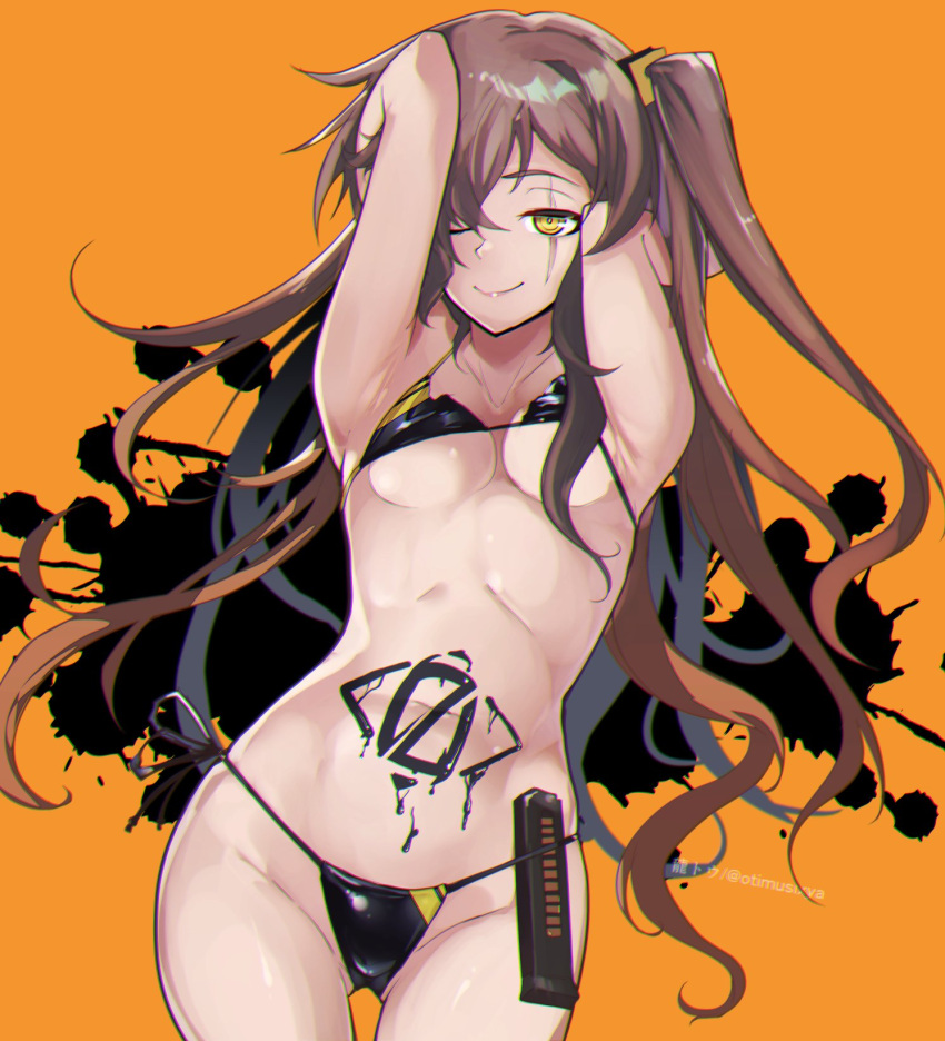 1girl bikini bikini_day black_bikini breasts brown_hair cowboy_shot girls'_frontline highres leaning_to_the_side long_hair looking_at_viewer magazine_(weapon) medium_breasts one_eye_closed one_side_up orange_background paint_splatter ryuu_tou scar scar_across_eye side-tie_bikini_bottom smile solo swimsuit thigh_gap twitter_username ump45_(girls'_frontline) yellow_eyes