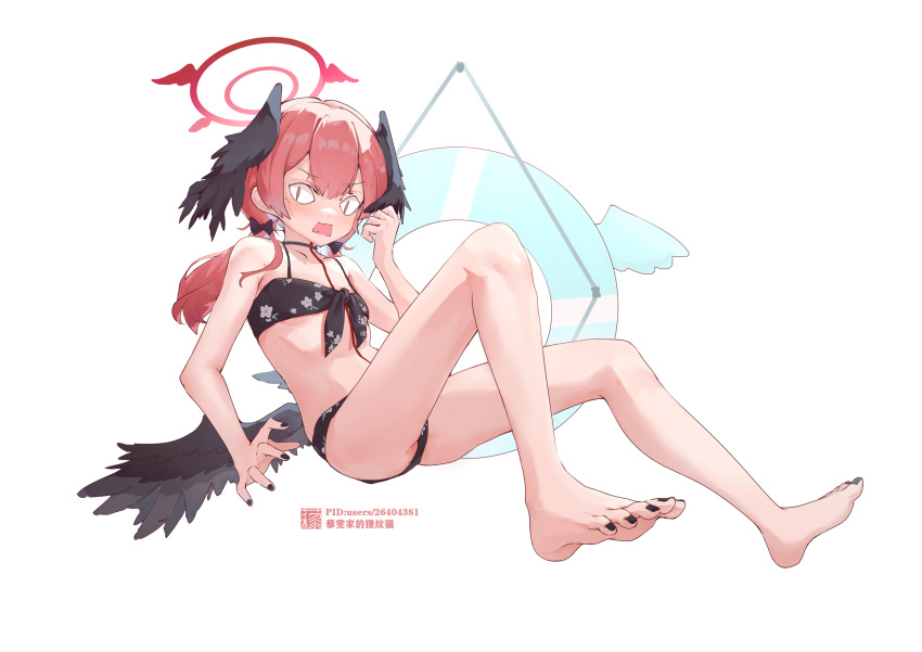 &lt;|&gt;_&lt;|&gt; 1girl absurdres barefoot bikini black_bikini black_bow black_nails black_wings blue_archive bow breasts feathered_wings floral_print front-tie_bikini_top front-tie_top hair_between_eyes hair_bow halo head_wings highres knees_up koharu_(blue_archive) koharu_(swimsuit)_(blue_archive) liwendala long_hair low_twintails low_wings nail_polish official_alternate_costume open_mouth pink_hair pink_halo print_bikini simple_background sitting small_breasts soles solo spaghetti_strap swimsuit toenail_polish toenails twintails white_background wings
