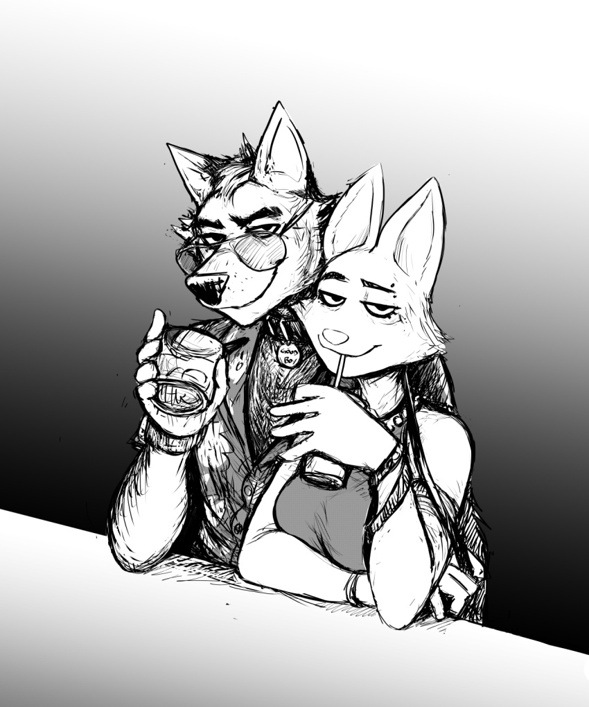 alcohol anthro beverage black_and_white canid canine canis clothed clothing collar diane_foxington digital_media_(artwork) dreamworks drinking duo eyewear female floral_print fox fur glasses grey_hair hair hi_res hladilnik looking_at_viewer male mammal monochrome mr._wolf_(the_bad_guys) shaded simple_background sketch smile the_bad_guys wolf