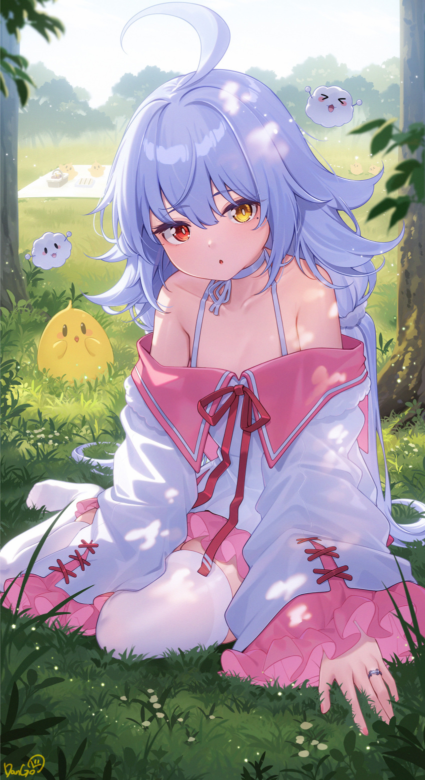 1girl :o absurdres ahoge armpit_crease artist_name azur_lane bright_pupils choker collarbone dango_remi day food forest frilled_sleeves frills grass head_tilt heterochromia highres huge_ahoge jewelry long_hair long_sleeves looking_at_viewer manjuu_(azur_lane) mole mole_under_eye nature nicholas_(azur_lane) no_shoes off-shoulder_shirt off_shoulder outdoors picnic picnic_basket pink_skirt red_ribbon ribbon ring sandwich shirt signature sitting skirt sleeves_past_fingers sleeves_past_wrists solo sunlight thighhighs very_long_hair wedding_ring white_choker white_pupils white_shirt white_thighhighs wide_sleeves yokozuwari zettai_ryouiki