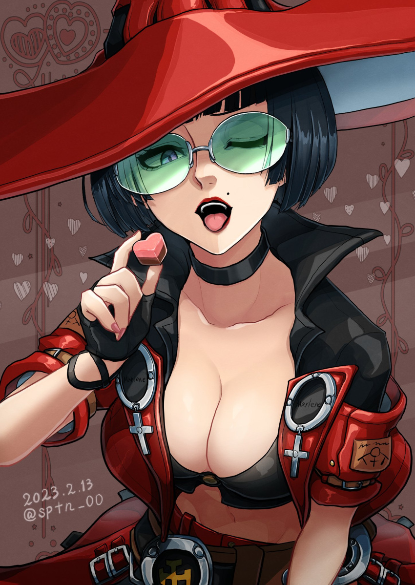 1girl black_choker black_gloves black_hair breasts candy candy_heart choker fingerless_gloves food gloves green-tinted_eyewear guilty_gear guilty_gear_strive hat highres holding holding_candy holding_food i-no large_breasts looking_at_viewer medium_hair mole mole_above_mouth one_eye_closed open_mouth pink_nails red_headwear red_lips short_sleeves sptn_00 tinted_eyewear venus_symbol witch_hat