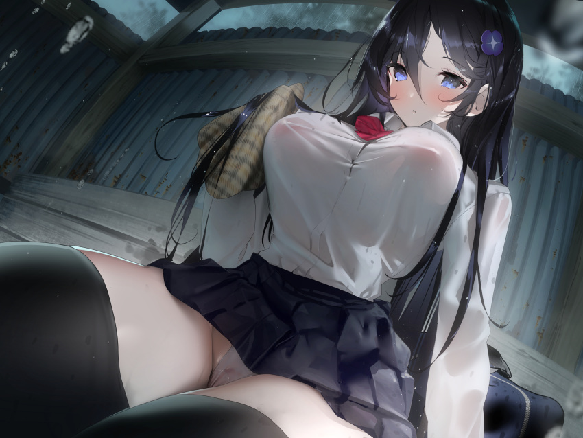 absurdres black_skirt hair_between_eyes hair_ornament hairclip highres kaede_(sayappa) non-web_source original panties school_uniform see-through see-through_shirt shirt sitting skirt thighhighs underwear wet wet_clothes wet_shirt white_panties white_shirt