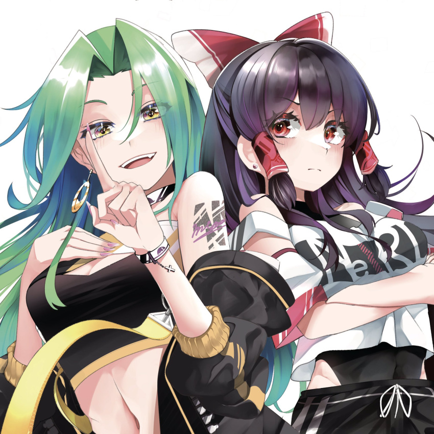 arm_tattoo bow breasts choker cleavage closed_mouth commentary_request cross crossed_arms earrings fang fingernails green_hair hair_tubes hakurei_reimu hakurei_reimu_(pc-98) hand_on_own_chest hand_up highres index_finger_raised jewelry light_blush light_frown linea_alba long_hair looking_at_another mima_(touhou) nodoguro_(phi-tan) open_mouth pink_nails purple_hair red_bow red_eyes smile tattoo touhou wristband yellow_eyes yin_yang