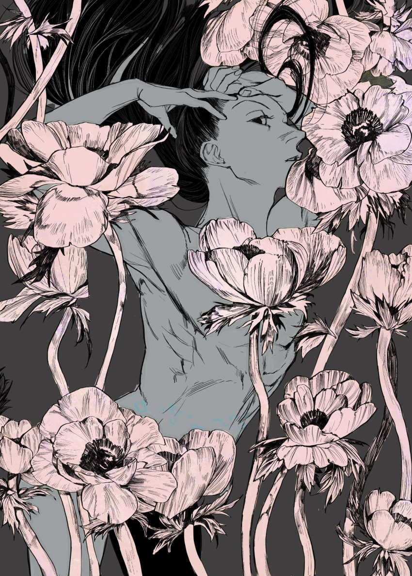 1boy almostghost black_eyes black_hair completely_nude flower grey_background hands_on_own_head highres hunter_x_hunter illumi_zoldyck long_hair looking_at_viewer male_focus nude profile simple_background solo