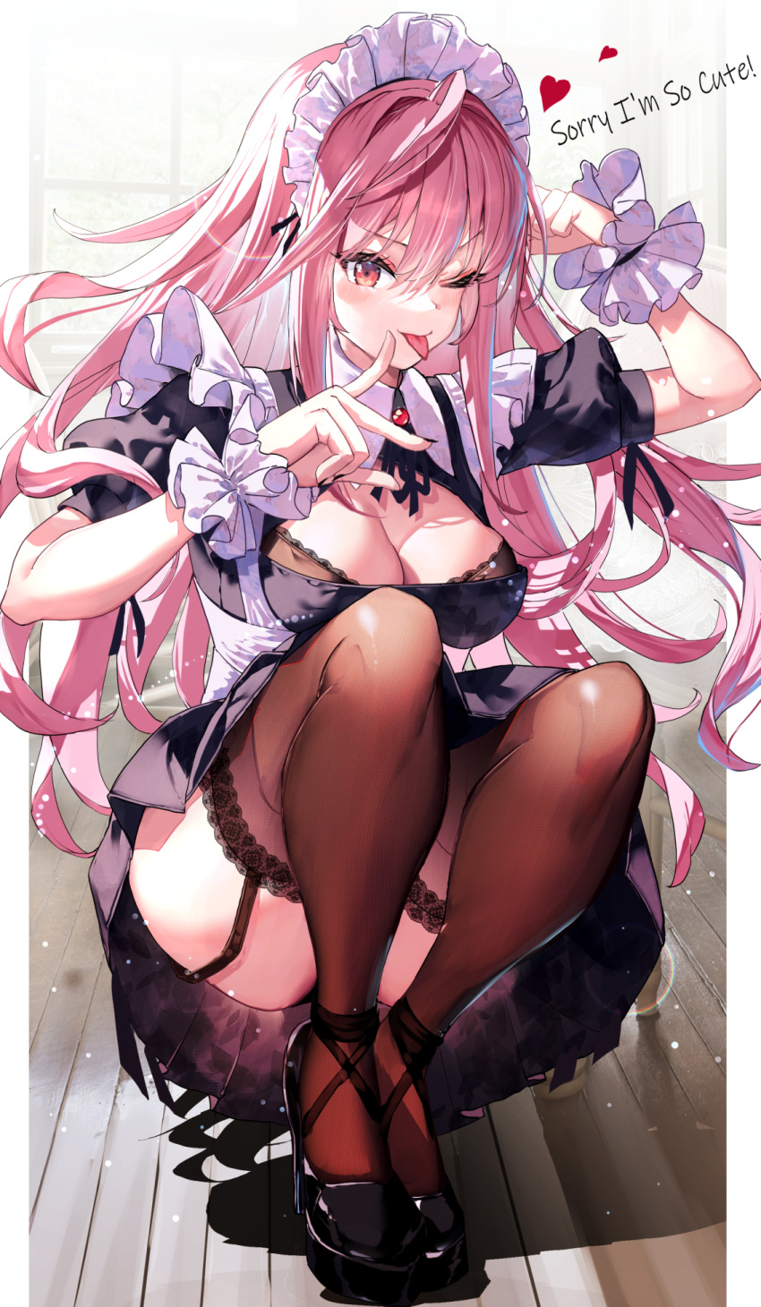 1girl ;p black_footwear breasts english_text floor garter_straps haruhina_purple heart highres hololive hololive_english lace-trimmed_legwear lace_trim long_hair looking_at_viewer maid maid_headdress mori_calliope one_eye_closed pink_hair shadow skirt solo squatting thighhighs tongue tongue_out window