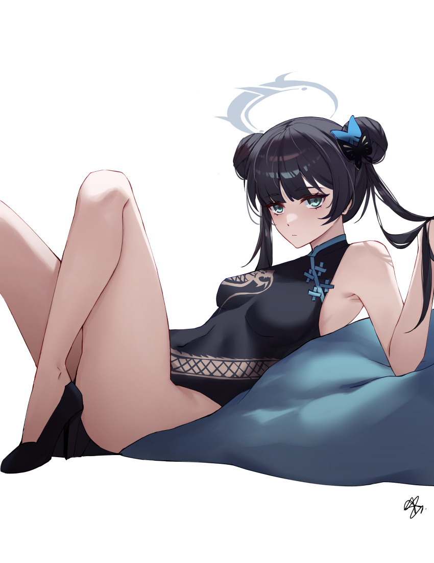 1girl absurdres akira_(if_eyeeye) armpits ass black_dress black_hair blue_archive butterfly_hair_ornament china_dress chinese_clothes cushion double_bun dress green_eyes hair_bun hair_ornament halo highres holding holding_hair kisaki_(blue_archive) knees_up lying no_panties on_back pelvic_curtain side_slit sitting sleeveless_turtleneck_dress solo white_background