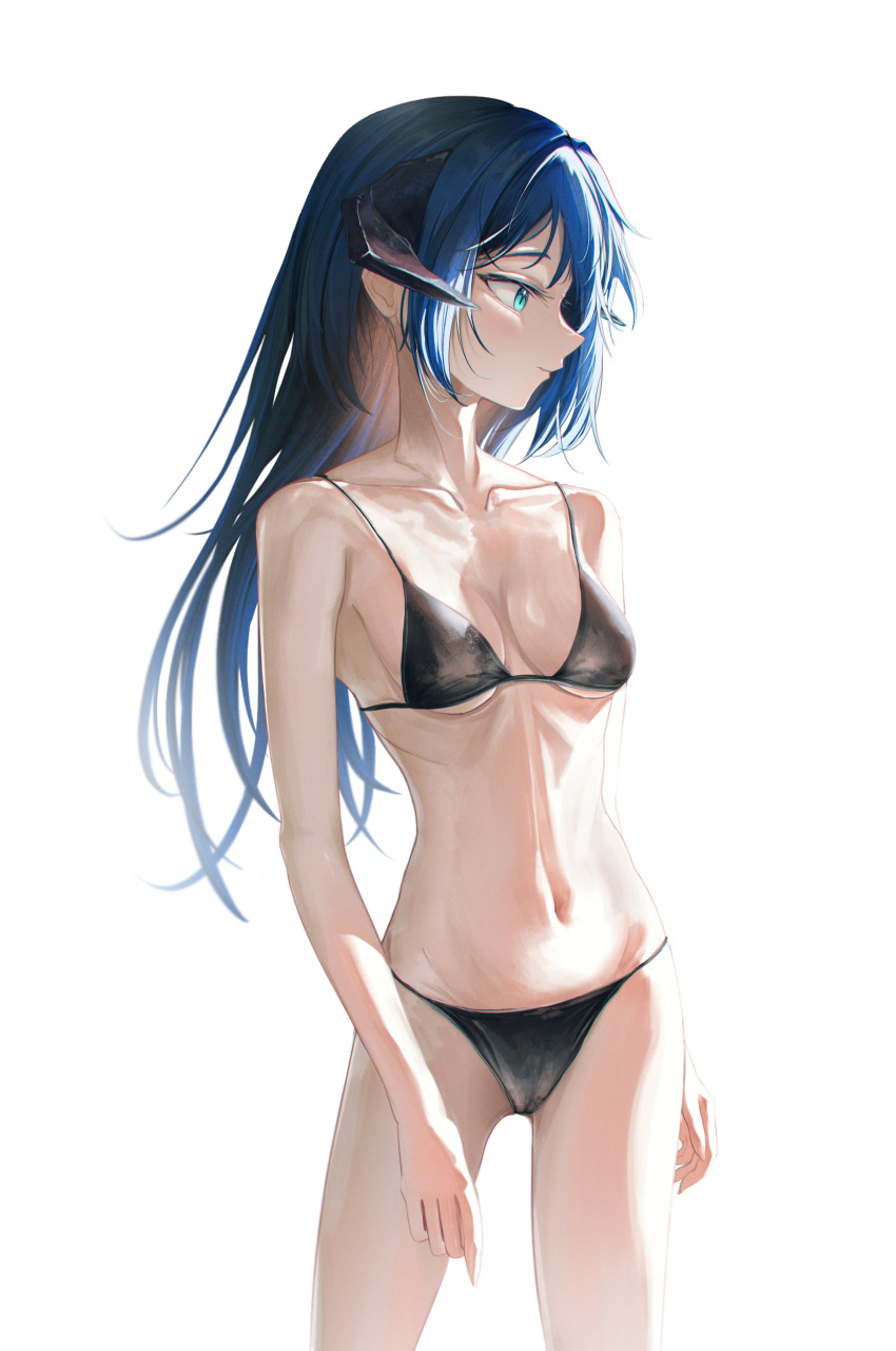 1girl absurdres arknights bare_shoulders bikini black_bikini black_horns blue_eyes blue_hair breasts closed_mouth collarbone commentary dark_blue_hair demon_girl demon_horns english_commentary fallen_angel hair_between_eyes hair_intakes highres horns lit_for_20 long_hair looking_down looking_to_the_side medium_breasts mixed-language_commentary mostima_(arknights) navel shaded_face sidelocks simple_background swimsuit thighhighs white_background