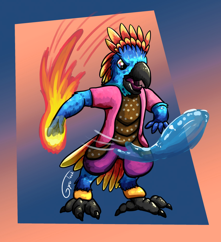 absurd_res anklet anthro armor avian beak biped bird clothing fire gyrotech hi_res jewelry ka'lam'holn'qui'ke leather leather_armor magic multicolored_eyes open_mouth parrot rainbow_eyes solo water