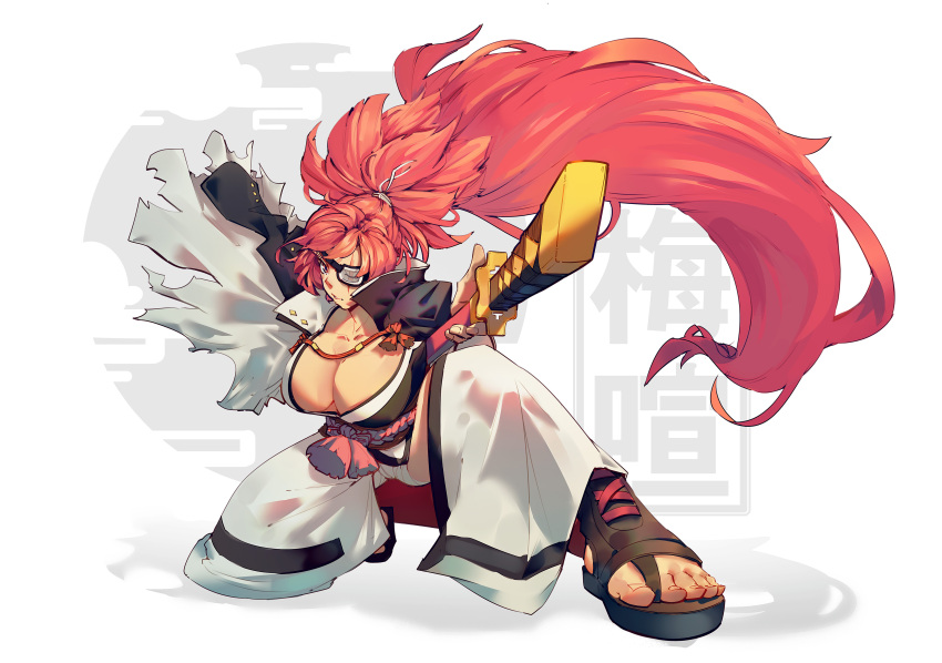 1girl absurdres baiken big_hair black_jacket black_kimono breasts cleavage eyepatch facial_tattoo guilty_gear guilty_gear_xrd highres holding holding_sword holding_weapon inkytophat jacket jacket_on_shoulders japanese_clothes kataginu katana kimono large_breasts long_hair multicolored_clothes multicolored_kimono one-eyed open_clothes open_kimono pink_hair ponytail red_eyes samurai sandals sash scar scar_across_eye sword tattoo torn_sleeve very_long_hair weapon white_kimono