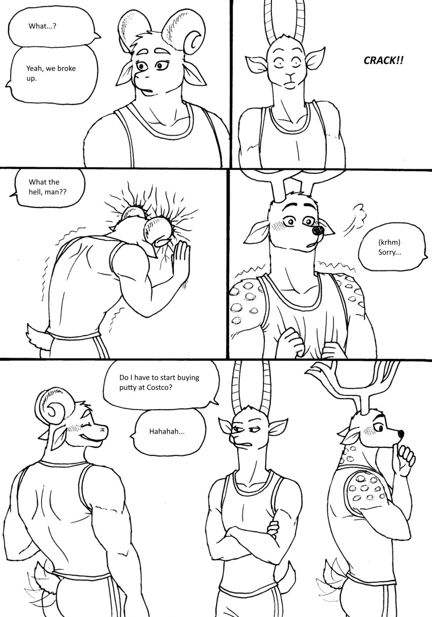 2023 5_fingers antelope anthro antlers athletic athletic_anthro athletic_male back_muscles bernielover bernielover's_college_au blush bovid butt caprine clothing comic deer devon_(bernielover) dialogue english_text fingers fur group hi_res hitting_head horn humanoid_hands male male/male mammal shaking shirt speech_bubble spots spotted_body spotted_fur tail tail_motion tailwag tank_top text topwear tremble_spikes trembling trio whitney_(bernielover)