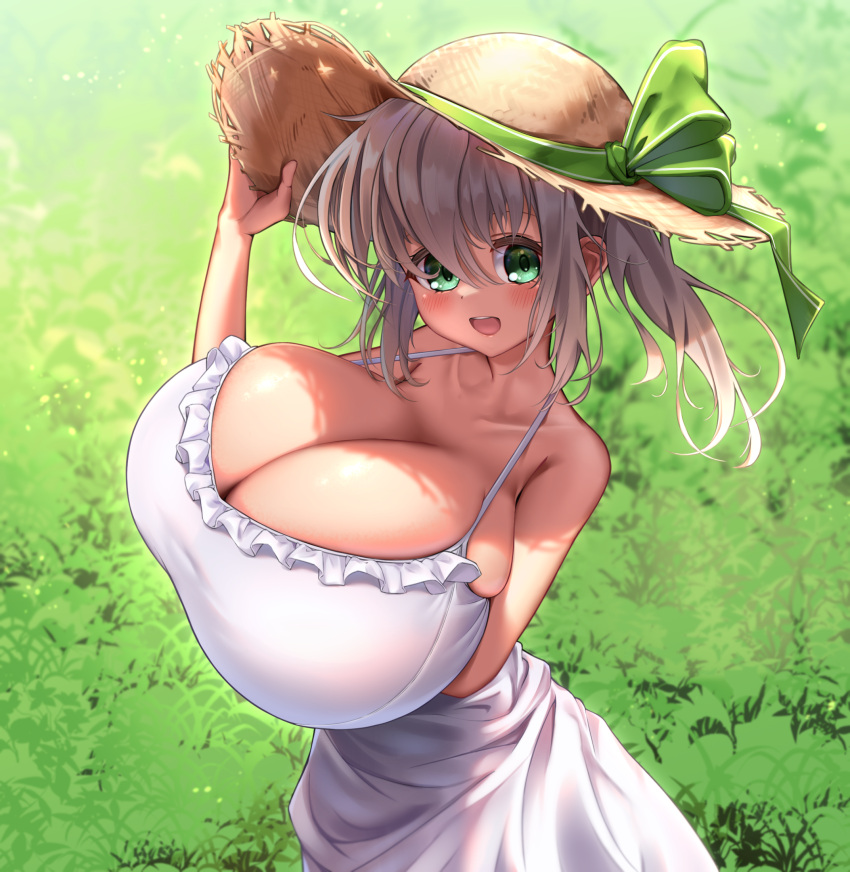 1girl :d arm_under_breasts asahina_hinata bare_arms bare_shoulders blush breasts bursting_breasts cleavage collarbone commission cowboy_shot day dress frilled_dress frills from_side gigantic_breasts grass green_eyes green_ribbon grey_hair hair_between_eyes hand_on_headwear hand_up hat hat_ribbon highres indie_virtual_youtuber long_hair looking_at_viewer monno open_mouth outdoors ribbon shadow sleeveless sleeveless_dress smile spaghetti_strap strap_gap straw_hat sun_hat sundress sunlight teeth upper_teeth_only virtual_youtuber white_dress