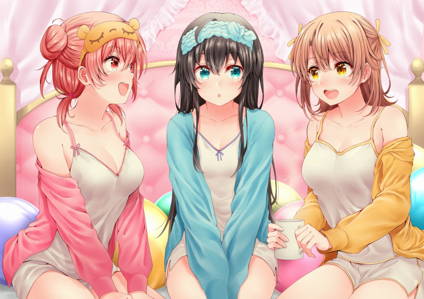 3girls aqua_eyes bare_shoulders bed bedroom between_legs black_hair blonde_hair breasts camisole cleavage collarbone commentary cup hair_between_eyes hair_bun hair_ribbon hand_between_legs highres holding holding_cup indoors isshiki_iroha jacket long_hair mask mask_on_head medium_breasts medium_hair multiple_girls off_shoulder on_bed open_clothes open_jacket open_mouth own_hands_together pillow profile red_eyes red_hair red_hayao ribbon shorts sideways_mouth single_hair_bun single_side_bun sitting sleep_mask small_breasts thighs white_camisole white_shorts yahari_ore_no_seishun_lovecome_wa_machigatteiru. yellow_eyes yellow_ribbon yuigahama_yui yukinoshita_yukino